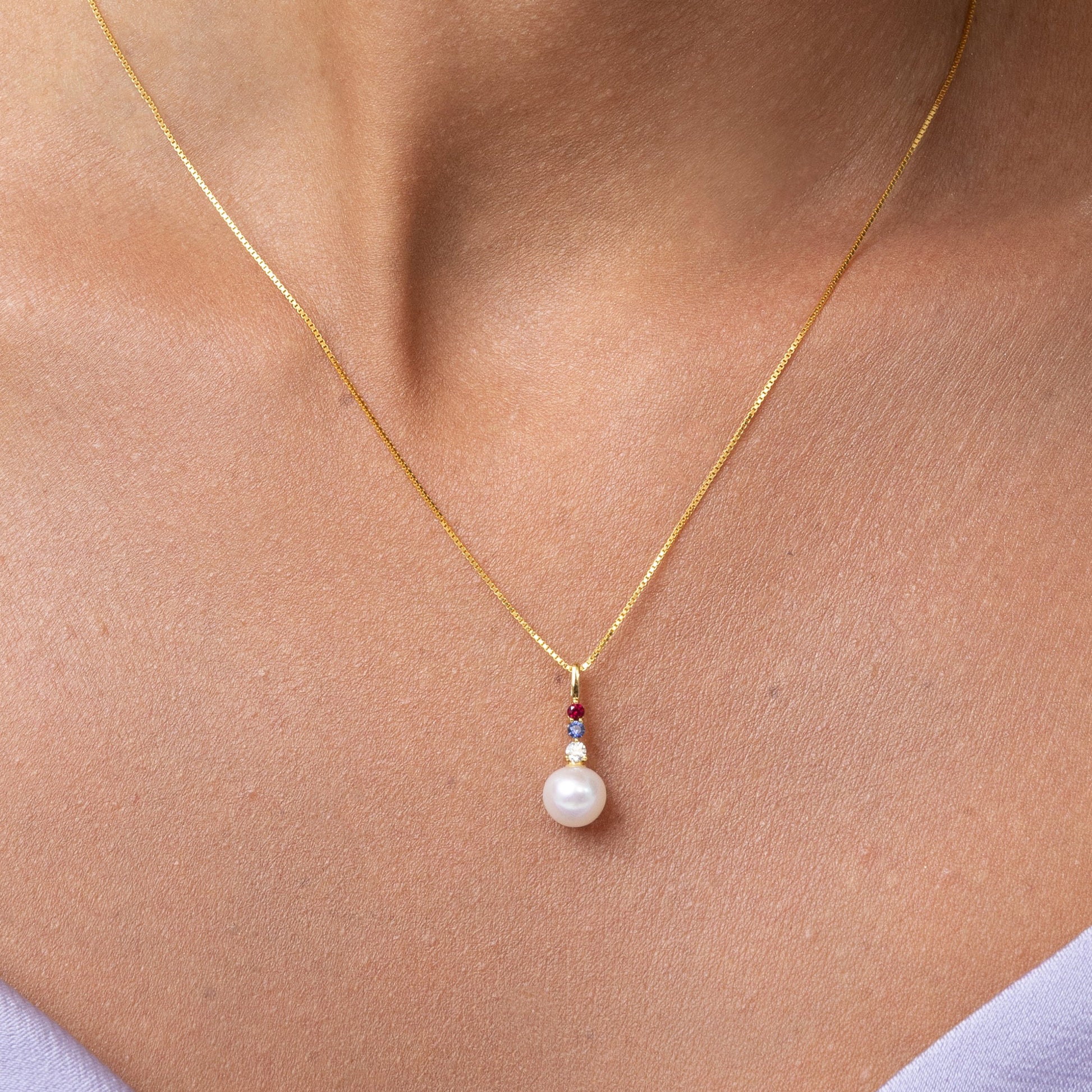 Red white and blue pearl pendant, with sapphire diamond and ruby. Perfect accessory for 4th of July