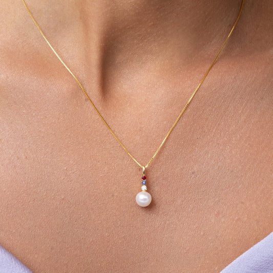 Red white and blue pearl pendant, with sapphire diamond and ruby. Perfect accessory for 4th of July