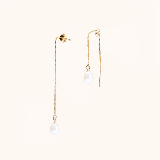 Adjustable earrings that dangle. Pearl and gold chain. Beautiful quality.