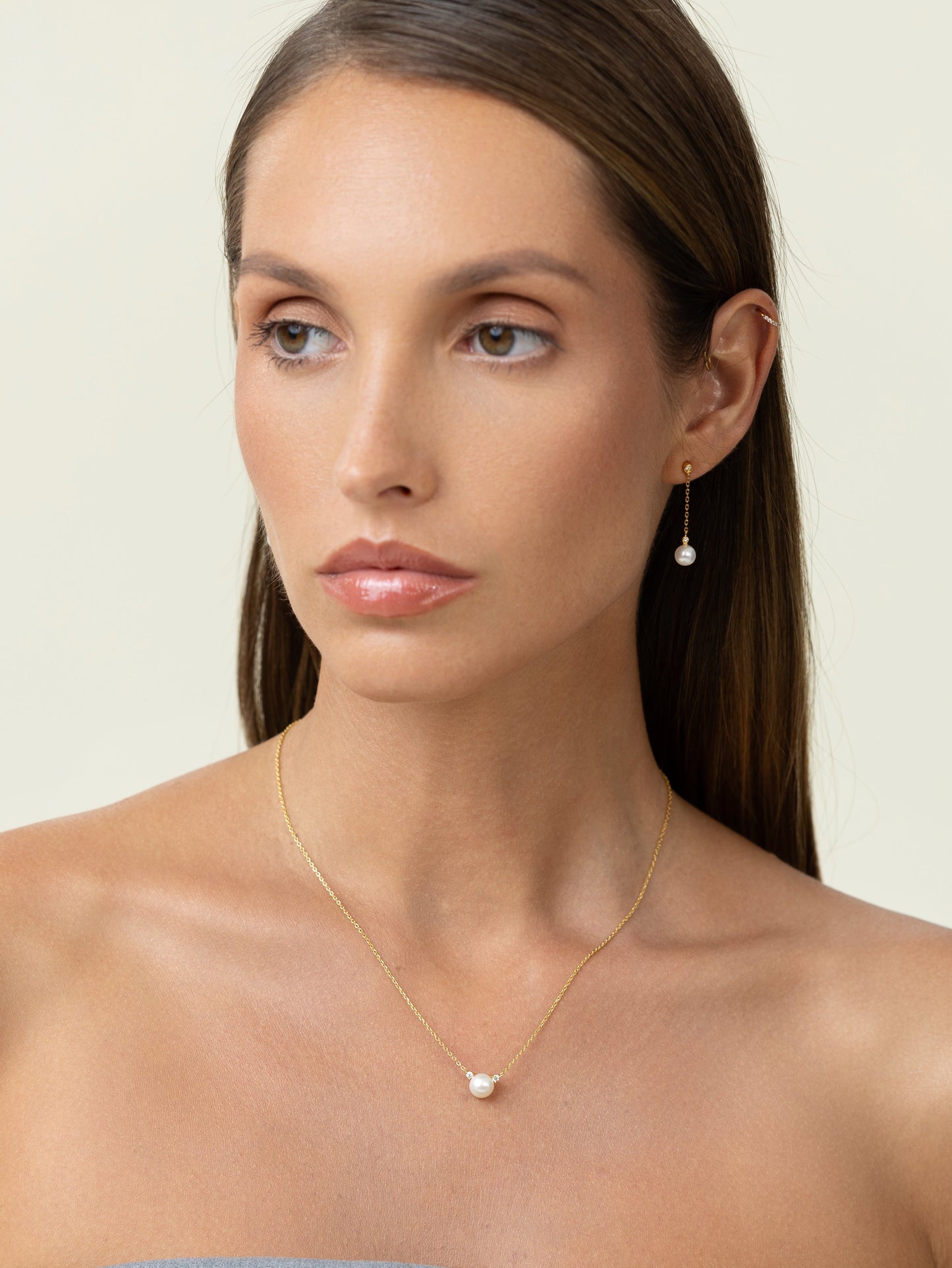 Pearl luna necklace with diamonds and pearls with adjustable gold chain