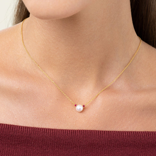 Pearl necklace with red rubies and gold adjustable chain