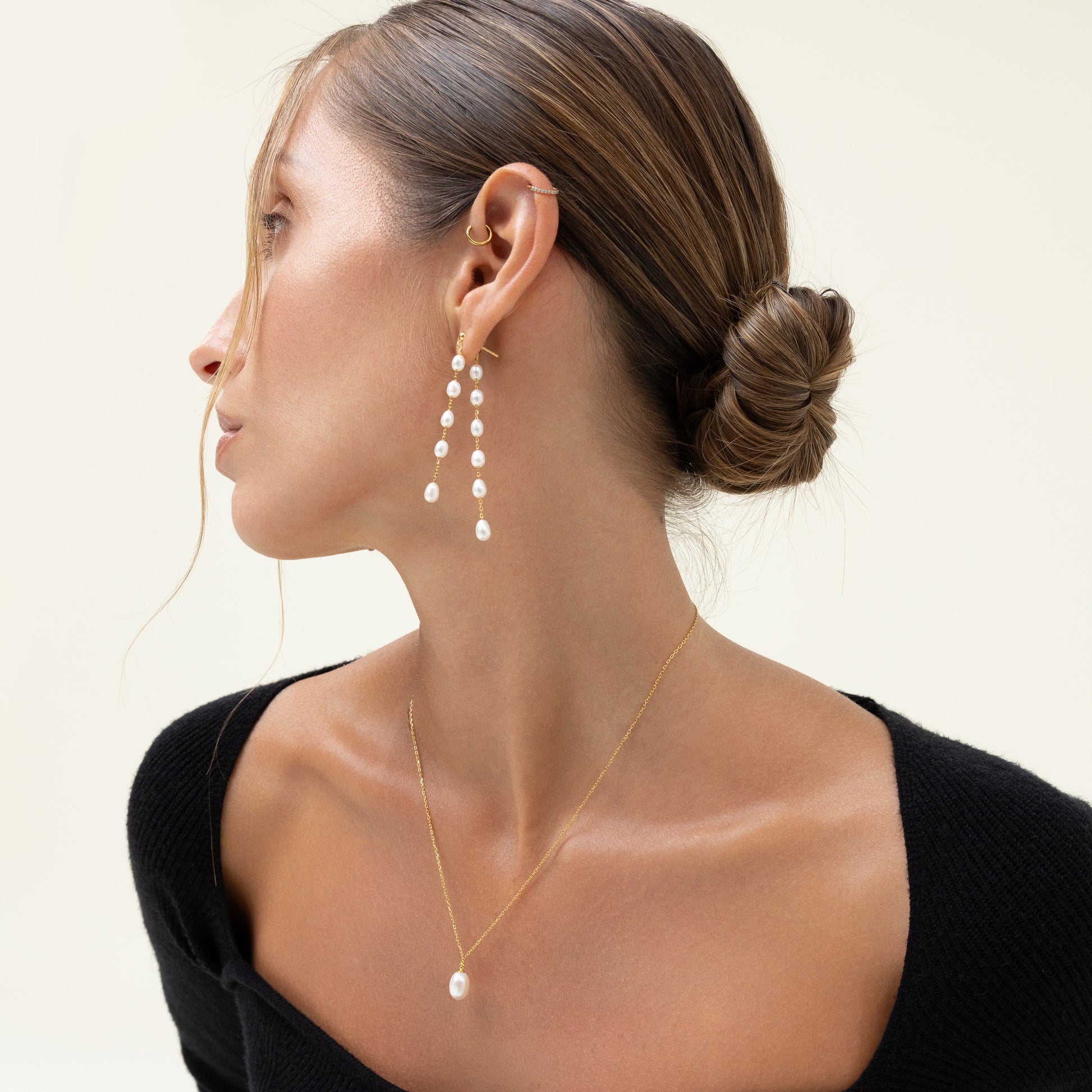 Double chain statement earrings featuring multiple baroque freshwater pearls on 18k gold-plated 925 silver studs