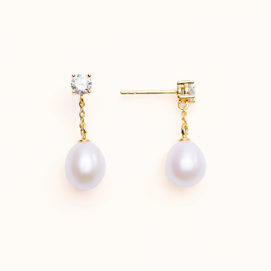 Freshwater pearl drop earrings with lab-grown diamond studs in 18k gold plated sterling silver