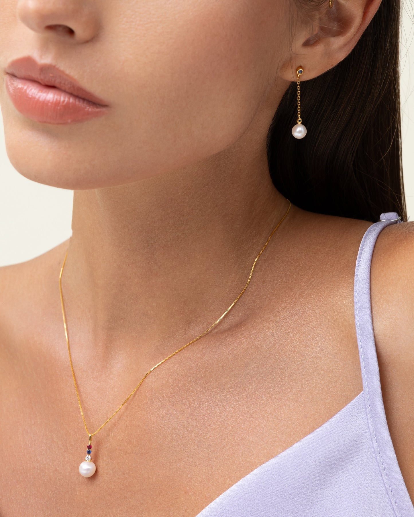 Red white and blue pearl pendant, with sapphire diamond and ruby. Perfect accessory for 4th of July